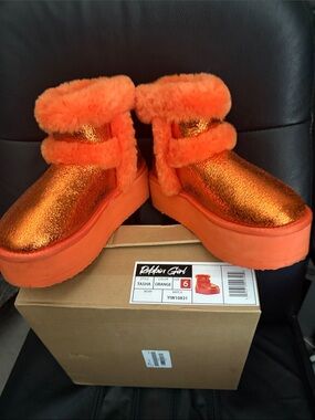Pazzion Girl Tasha Orange Faux Fur Platform Ankle Boots